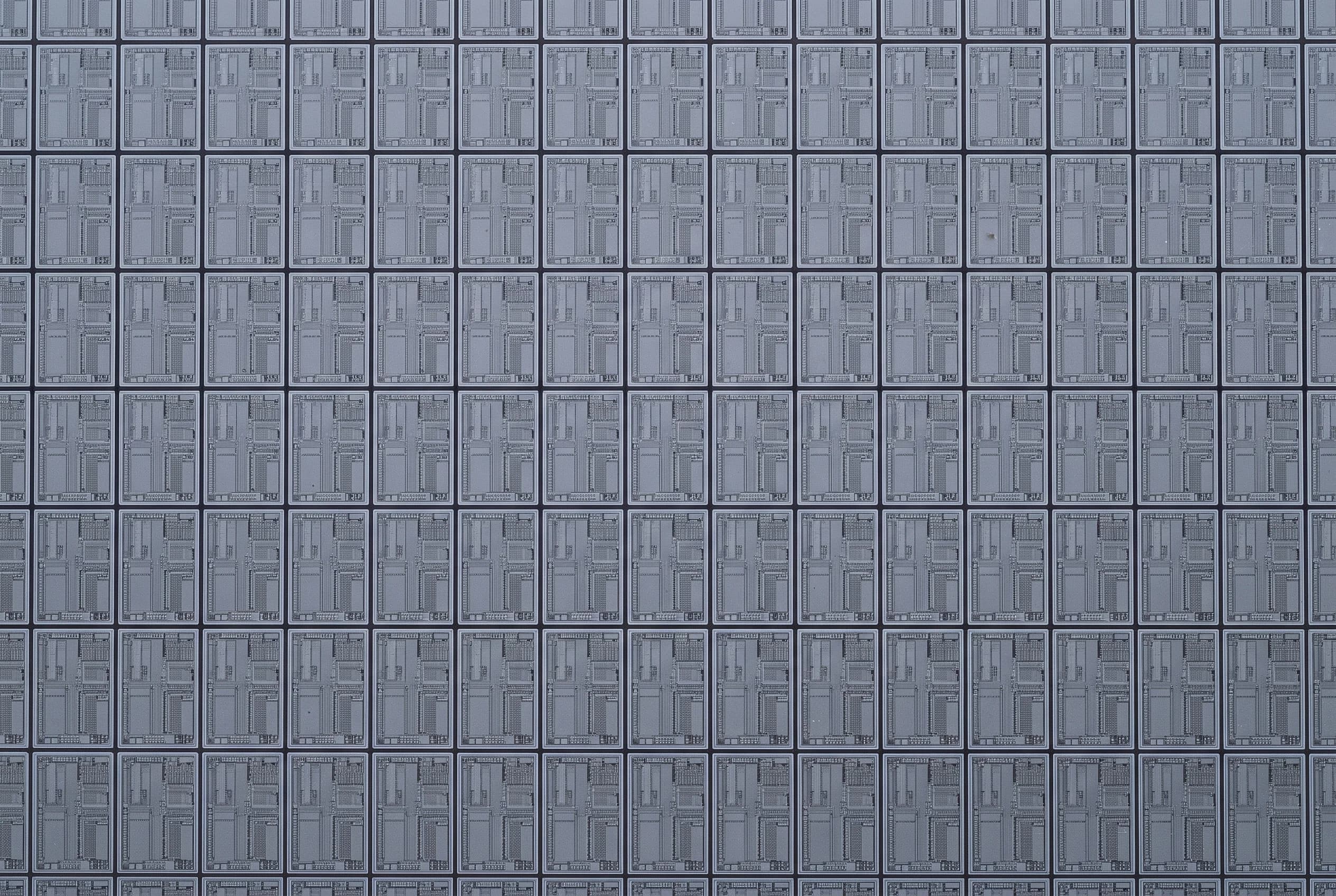 The die grid of a silicon wafer, seen straight down