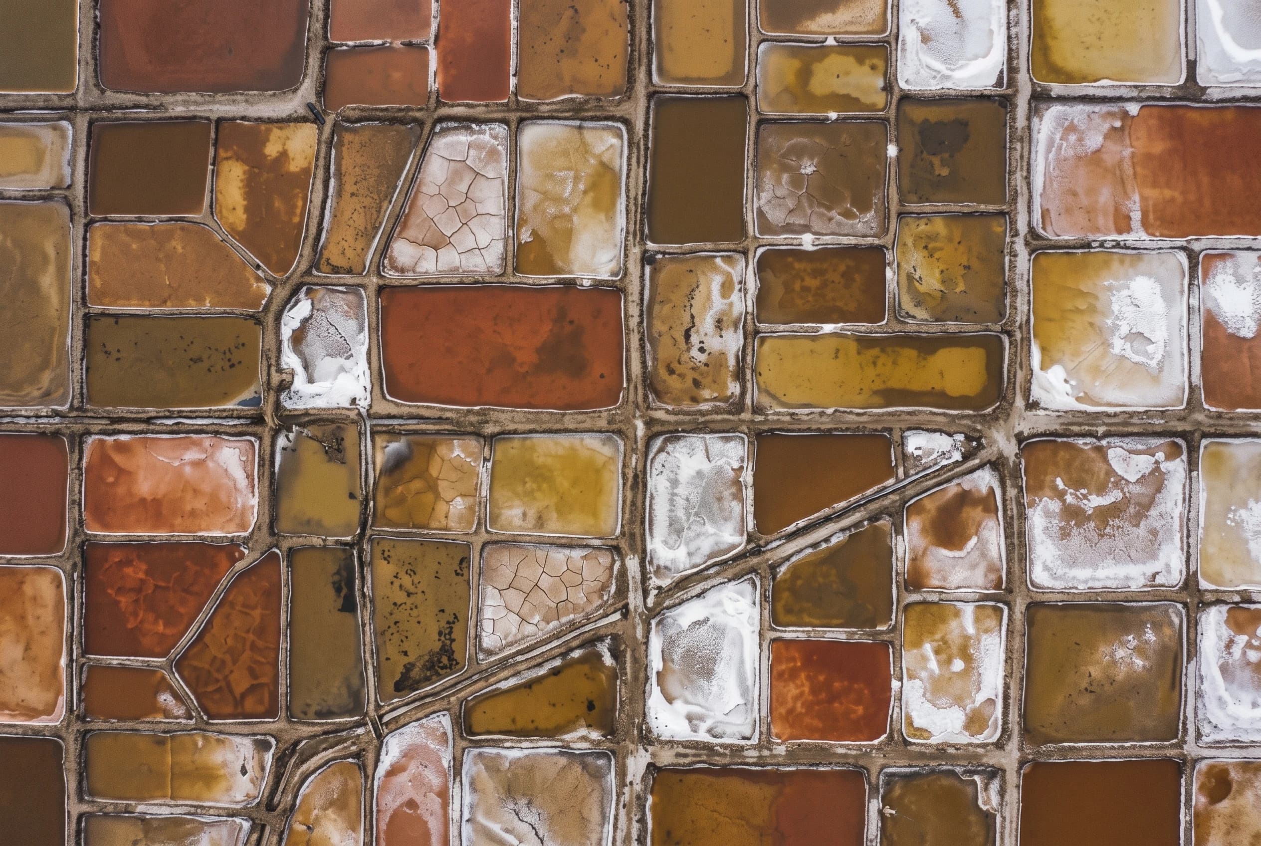 Salt evaporation ponds tiled in rust and white