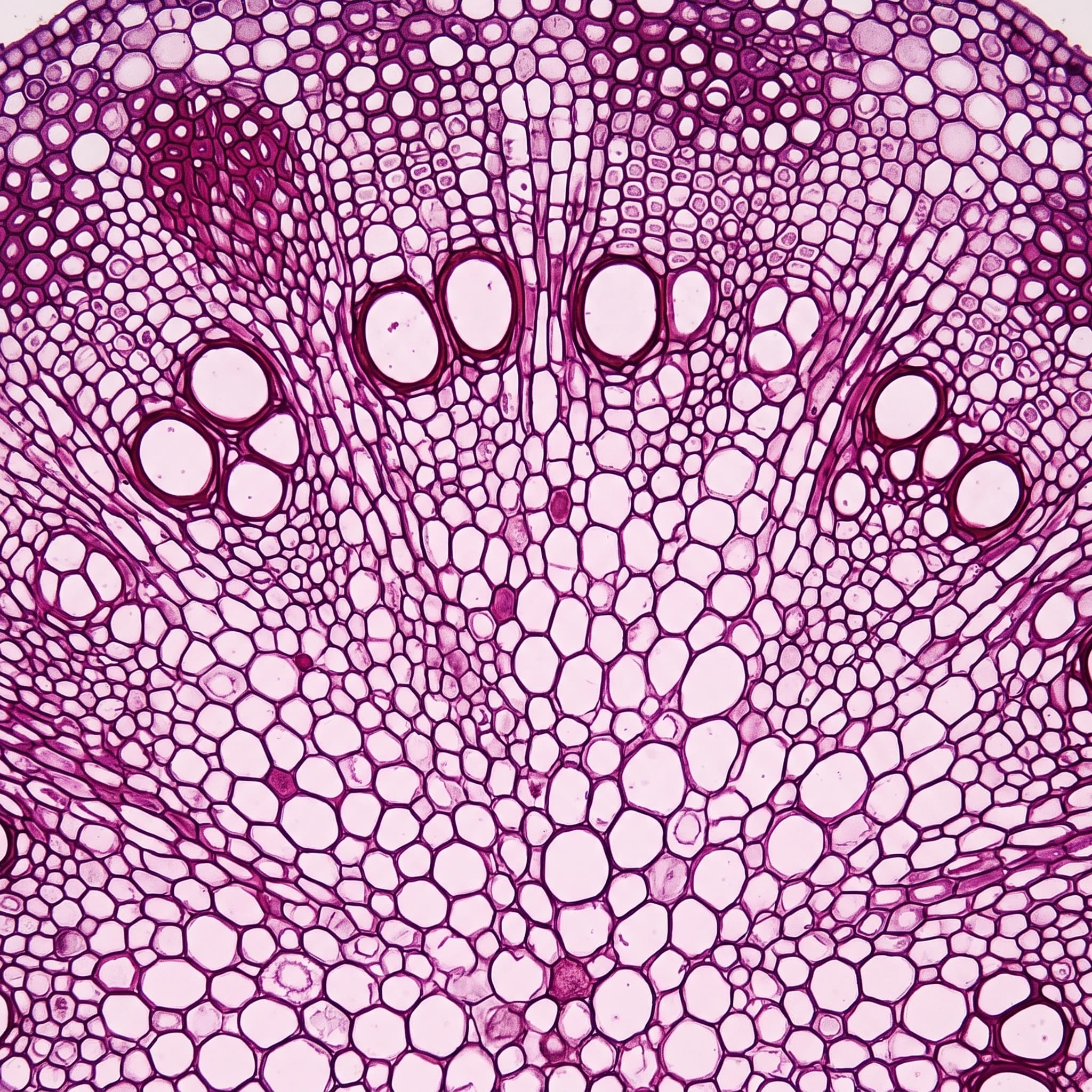 A stained cross-section of a plant stem under a light microscope
